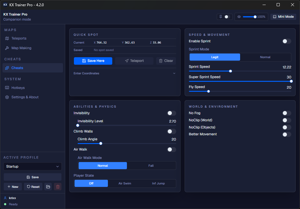 KX Trainer cheat engine menu showing the cheats tab with movement hacks and invisibility