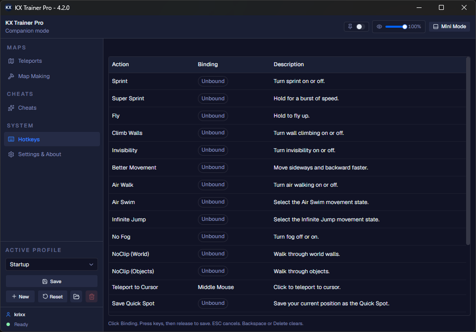 KX Trainer hack hotkey menu listing every cheat with custom key bindings